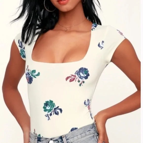 Free People fp Intimately Printed Square Eyes Ivory Floral Print Bodysuit - Picture 1 of 7